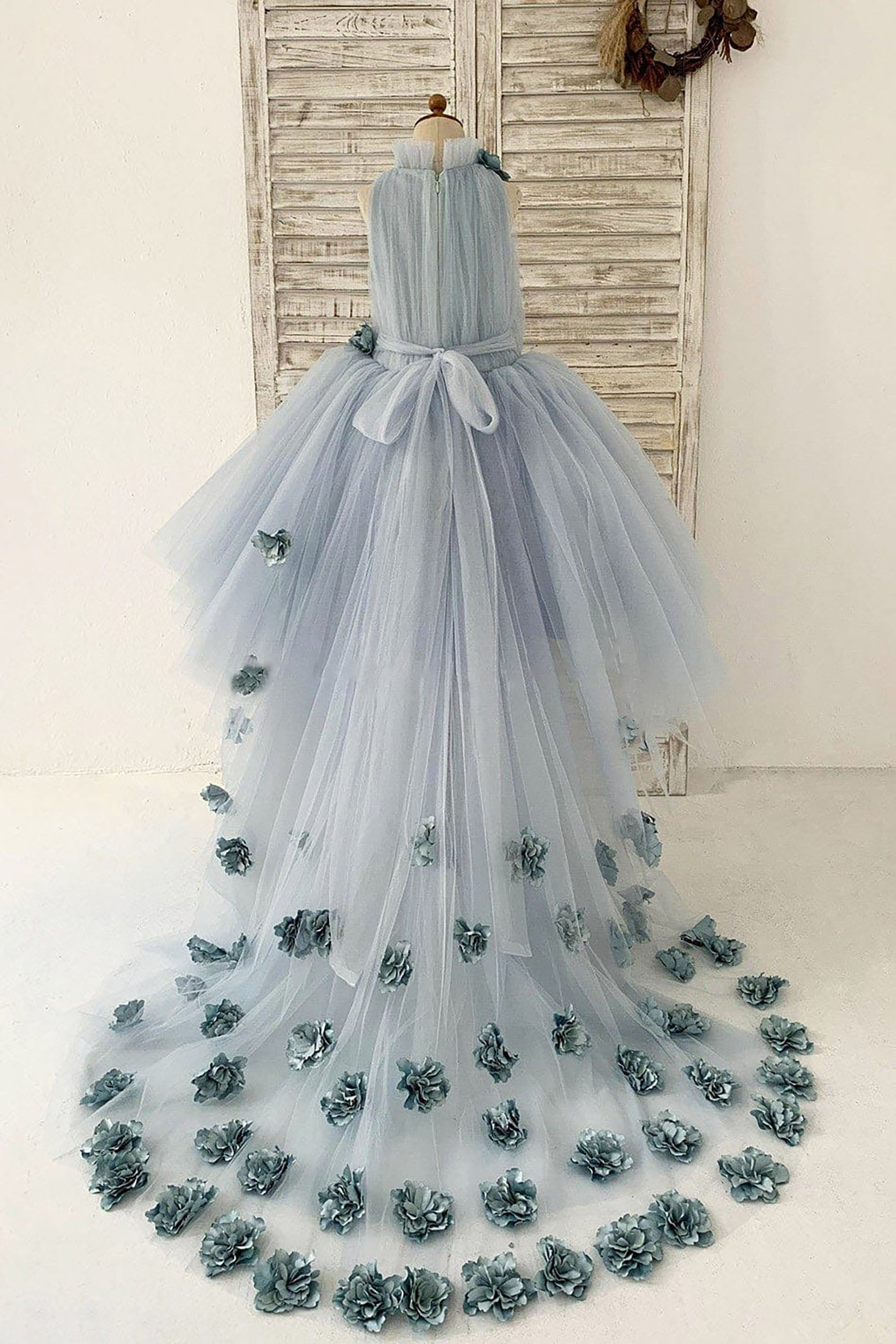 dusty blue flower girl dress Girls Tulle Hi Low Party Dress with Long Train Blue New Arrivals Women Apparel Size:EU44 communion or other special Azazie Norah Dusty Blue