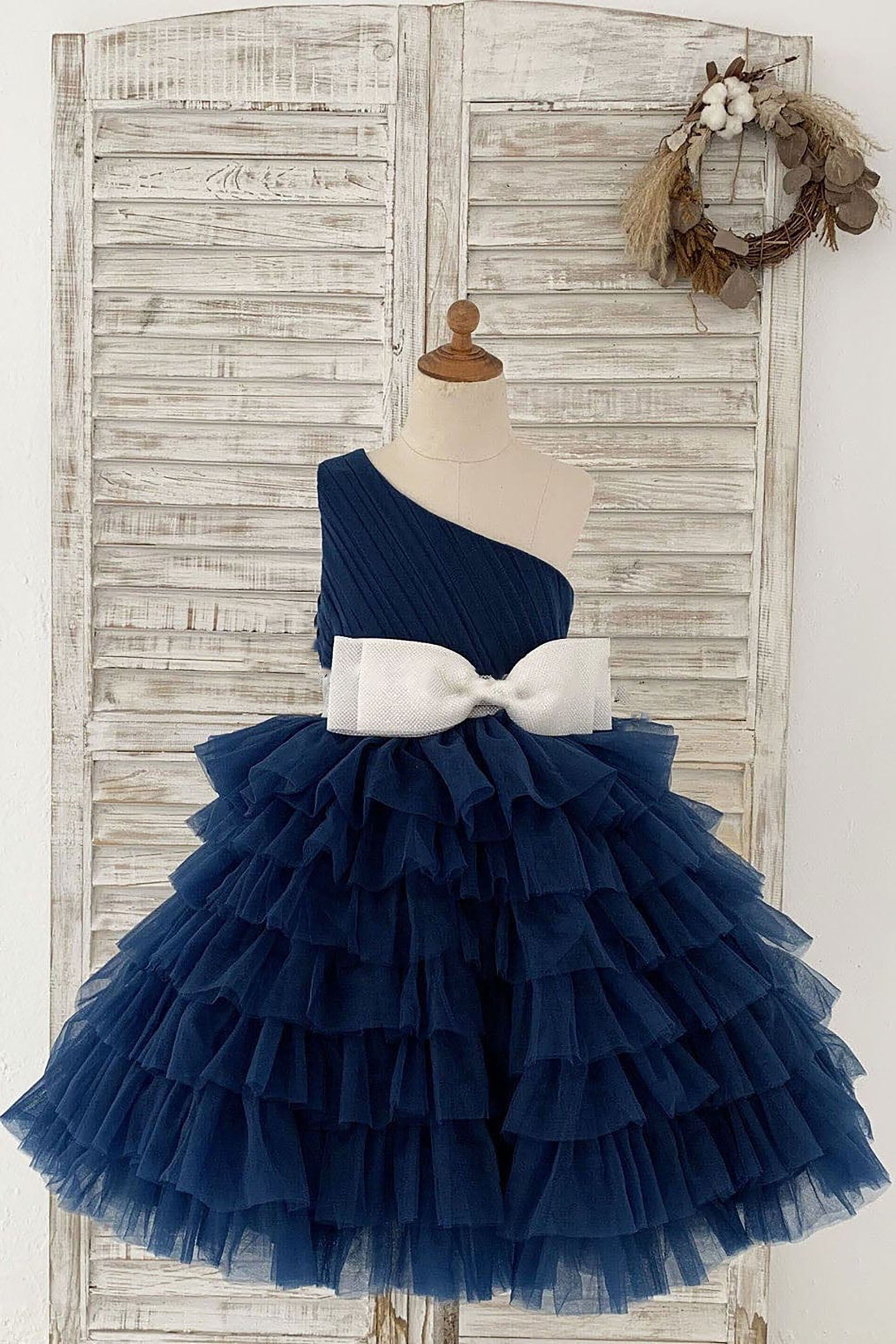 Girls One Shoulder Navy Blue Cupcake Dress Flower Girl's Dress Party C