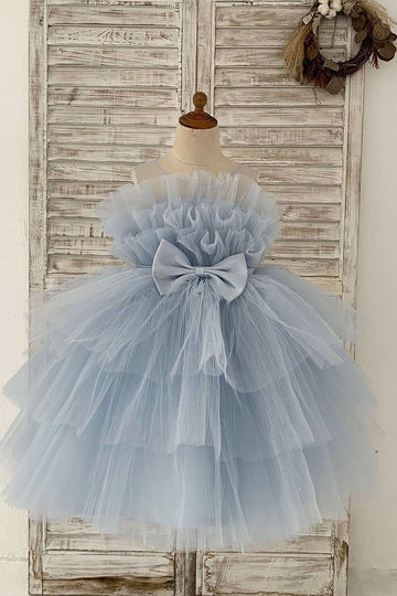 Girls Sheer Neck Pleated Blue Tulle Party Dress Communion Dress