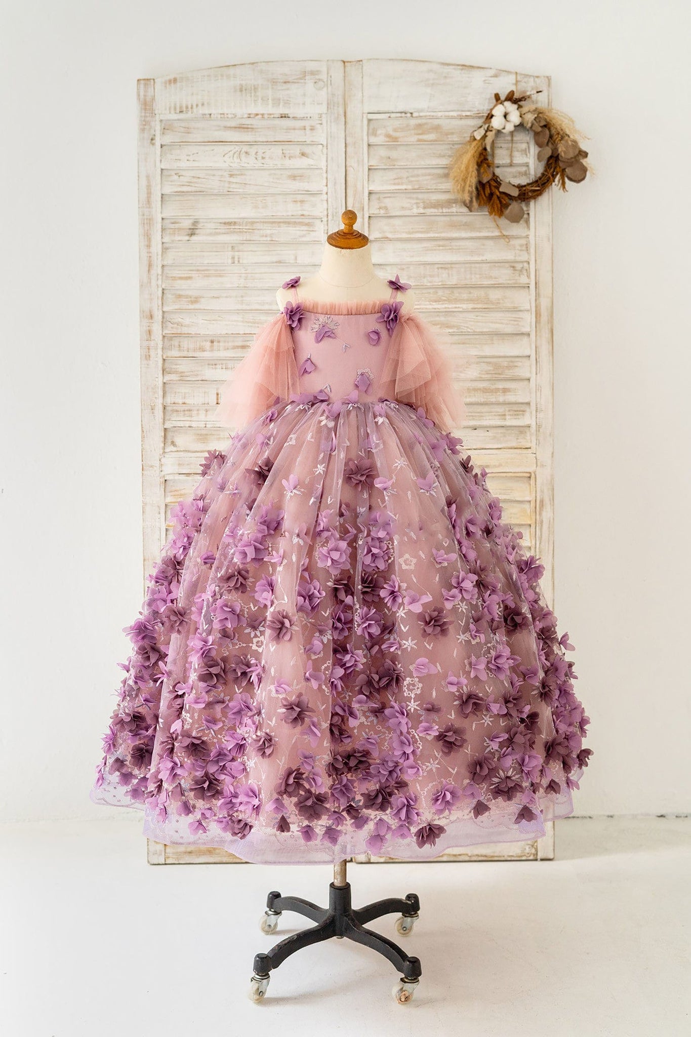 Girls Long 3D Purple Lace Flower Tulle Flower Girl's Dress Party Dress Gown