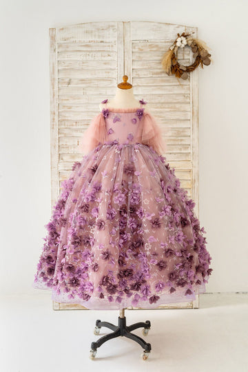 Girls Long 3D Purple Lace Flower Tulle Flower Girl's Dress Party Dress Gown