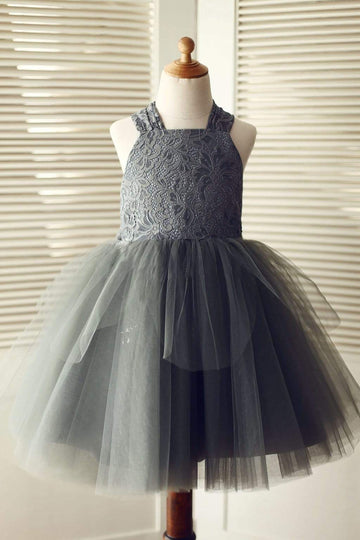 Girls Backless Gray Lace Tulle Flower Girl's Dress Party Dress