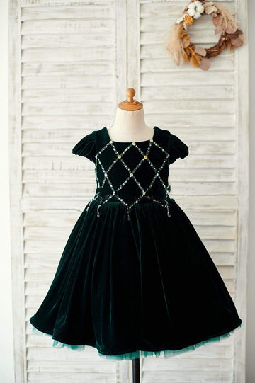 Girls Beaded Green Velvet Corset Back Cap Sleeves Party Dress