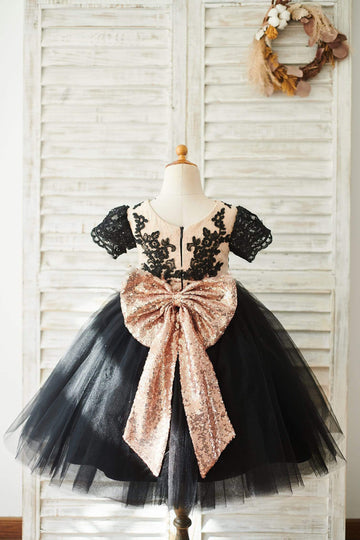 Girls Black Lace Tulle Short Sleeves Party Dress with Sequin Bow