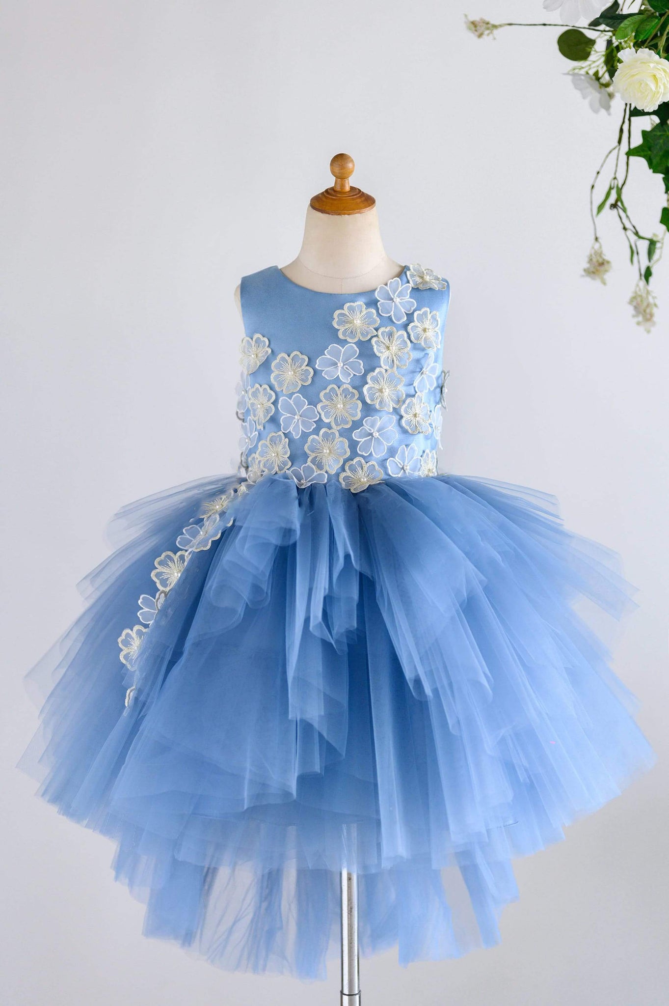 Girls Blue Satin Tulle 3D Flowers Hi-low Party Communion Dress