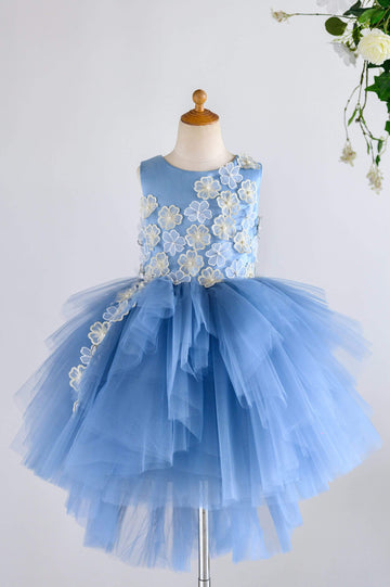 Girls Blue Satin Tulle 3D Flowers Hi-low Party Communion Dress