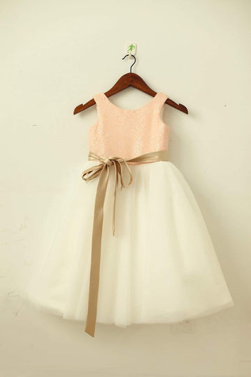 Girls Blush Pink / Gold Sequin Ivory Tulle Flower Girl's Dress Party Dress