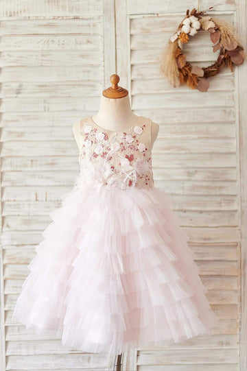 Girls Blush Pink Tulle Embroidery Lace V Back Party Communion Dress