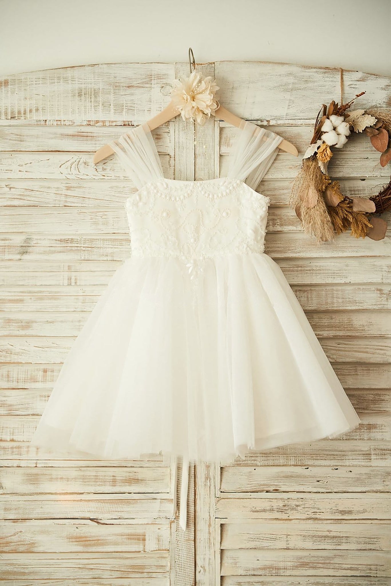 Girls Boho Beach Ivory Tulle Beaded Flower Girl's Dress Party Dress