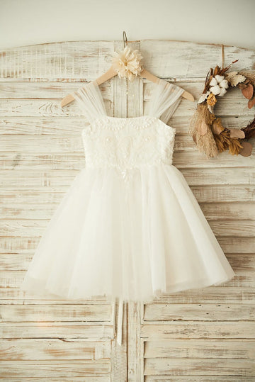 Girls Boho Beach Ivory Tulle Beaded Flower Girl's Dress Party Dress