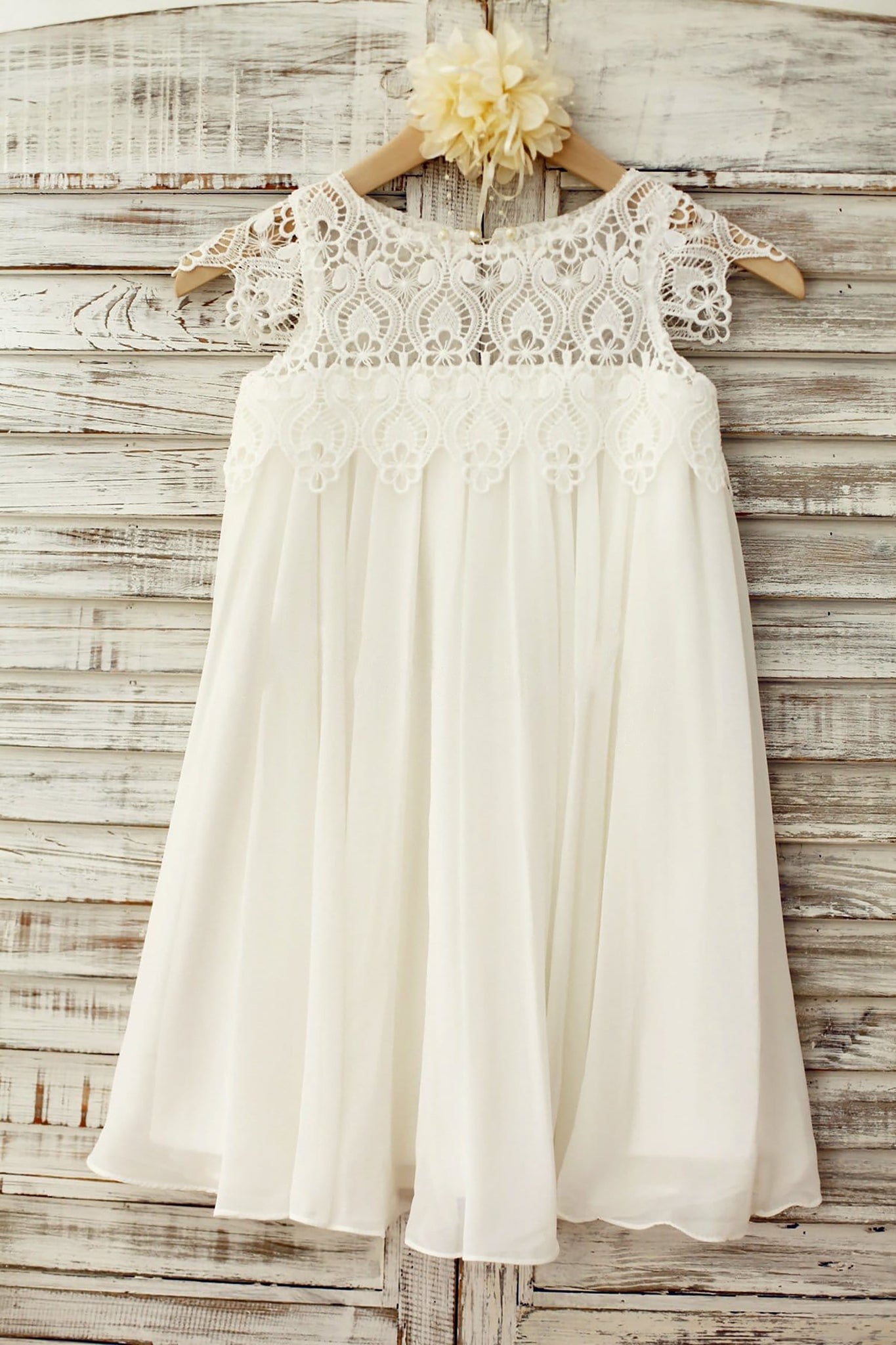 Girls Boho Beach Lace Cap Sleeves Ivory Chiffon Flower Girl Dress Christening Dress