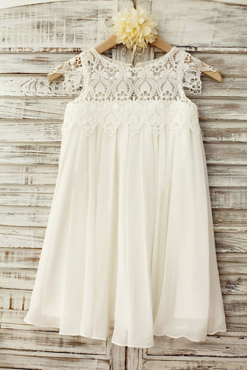 Girls Boho Beach Lace Cap Sleeves Ivory Chiffon Flower Girl Dress Christening Dress