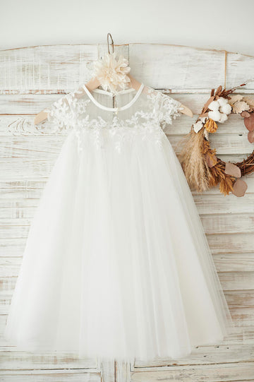 Girls Boho Beach Sheer Neck Ivory Tulle Lace Flower Girl Dress Party Dress