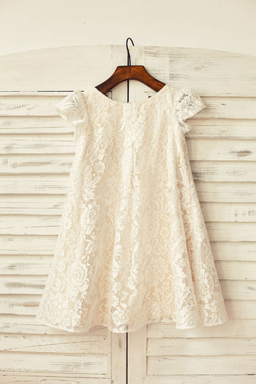 Girls Cap Sleeve Ivory Lace Champagne Lining Flower Girl Dress Christening Dress