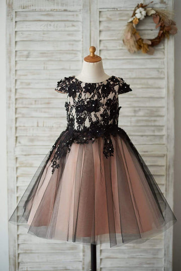 Girls Cap Sleeves Black Lace Tulle Mauve Lining Party Dress Flower Girl Dress with Beading