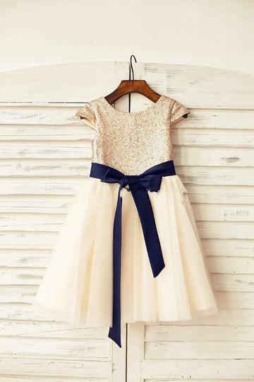 Girls Cap Sleeves Blush Pink Sequin Ivory Tulle Party Dress Flower Girl Dress