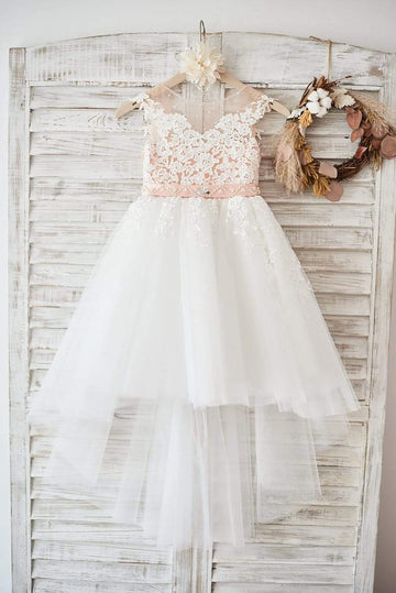 Girls Cap Sleeves Ivory Lace Tulle Hi Low Flower Girl's Dress Party Dress