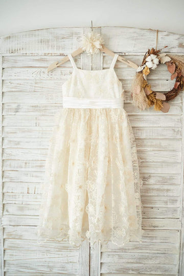 Girls Champagne 3D lace Straps Party Dress Flower Girl Dress with Bow Belt