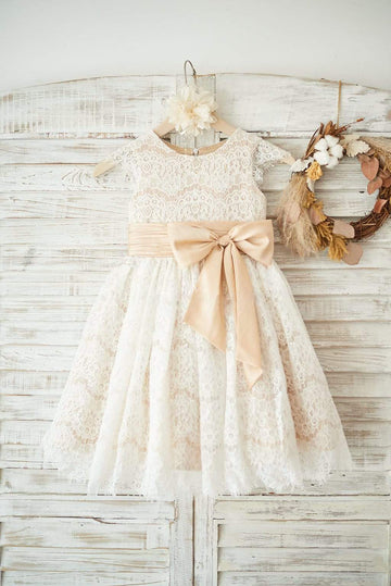 Girls Champagne Satin Ivory Lace Cap Sleeves Flower Girl's Dress Party Dress Communion Dress with Bow Belt