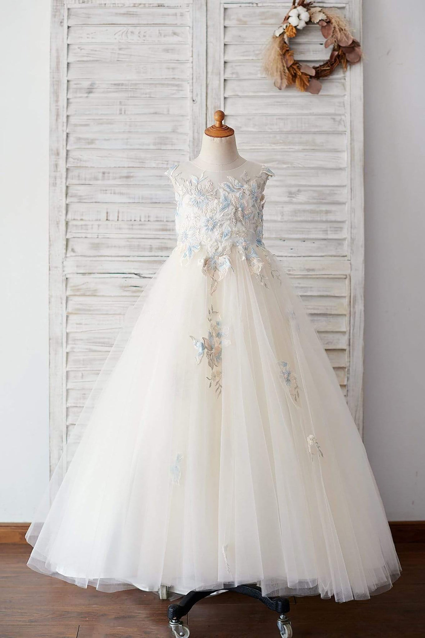 Girls Champagne Tulle Beaded Lace Ball Gown Flower Girl's Dress Party
