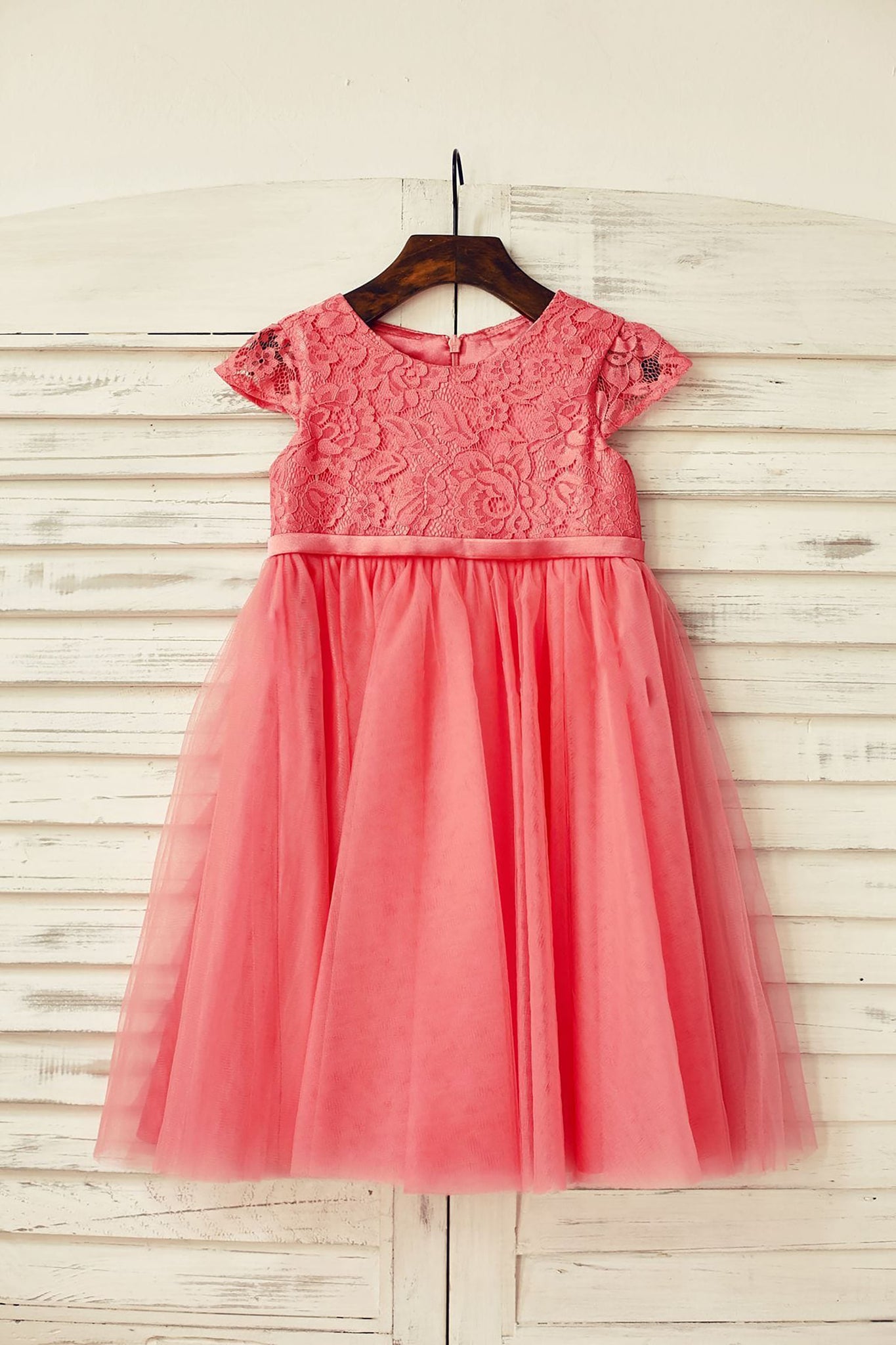 Girls Coral Lace Tulle Cap Sleeve Flower Girl's Dress Party Dress
