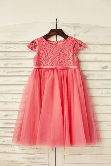 Girls Coral Lace Tulle Cap Sleeve Flower Girl's Dress Party Dress