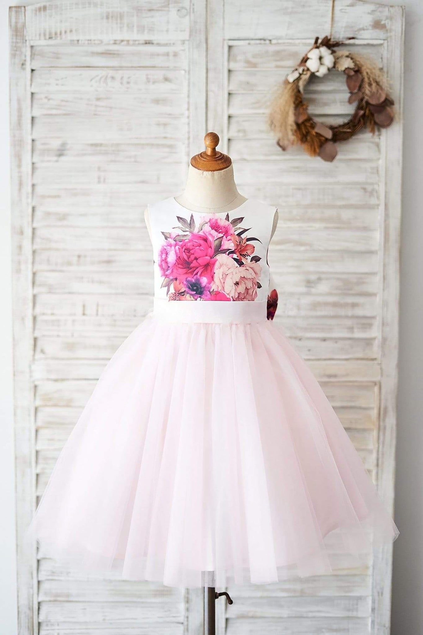 Girls Floral Print Satin Pink Tulle V Back Party Dress Communion Dress
