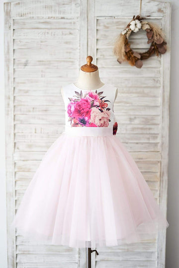 Girls Floral Print Satin Pink Tulle V Back Party Dress Communion Dress