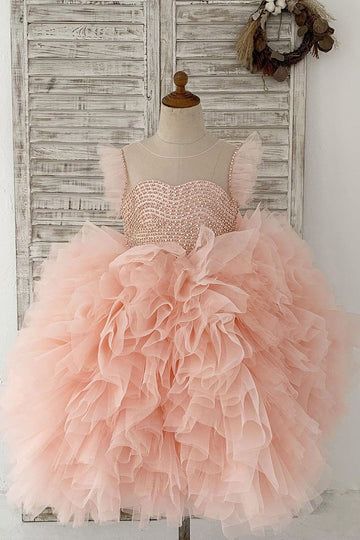 Girls Fluffy Sleeves Beaded Pink Tulle Organza Party Dress Communion Dress