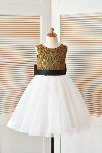 Gold Lace Ivory Tulle Wedding Flower Girl Dress with Black Big Bow Belt