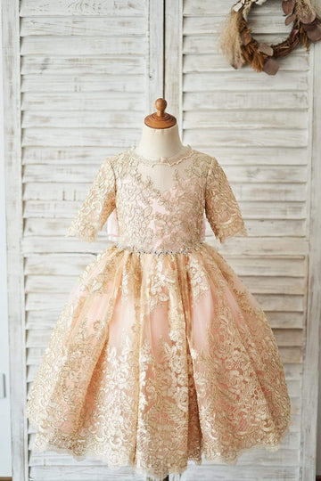 Girls Gold Lace Pink Lining Short Sleeves V Back Party Dress Communion Dress