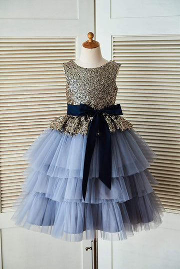 Gold Sequin Blue Cupcake Tulle Wedding Flower Girl Dress with Navy Blue Belt
