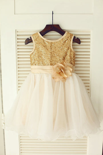 Gold Sequin Ivory Tulle Wedding Flower Girl Dress with Champagne belt