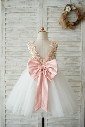 Gold Sequin Ivory Tulle V Back Wedding Flower Girl Dress with Pink Lace belt