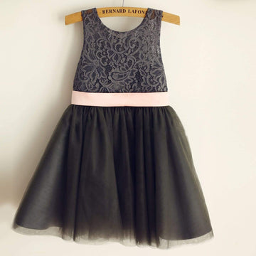 Girls Gray Lace Tulle Flower Girl's Dress Party Dress with Pink Belt