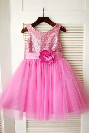 Hot Pink Sequin Tulle Wedding Flower Girl Dress