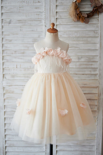 Illusion Champagne Tulle Feathers Wedding Party Flower Girl Dress