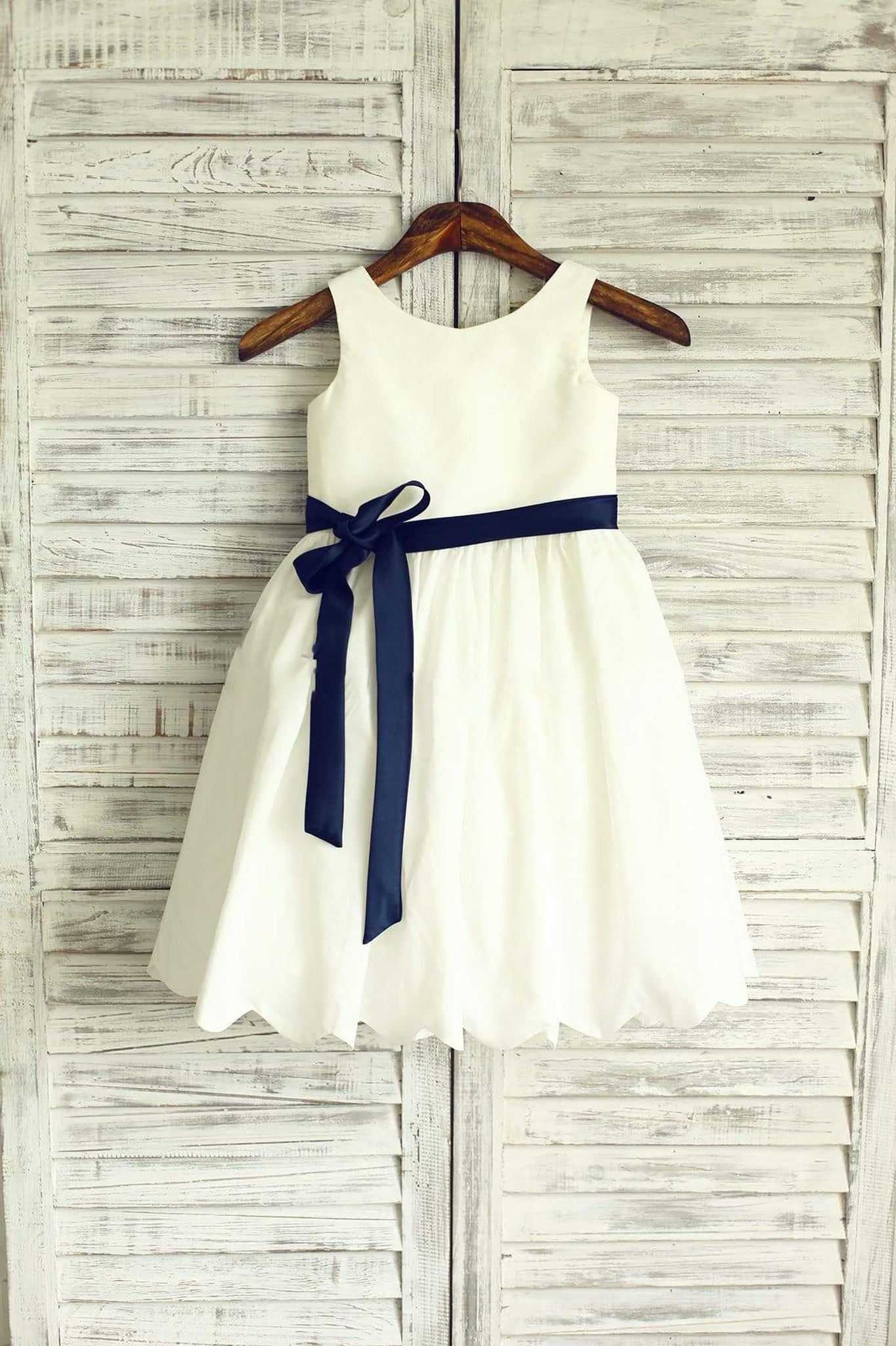 Ivory Cotton Flower Girl Dress with Navy Blue Sash