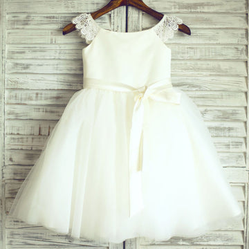 Ivory Lace Cap Sleeves Tulle Flower Girl Dress with Ivory Sash
