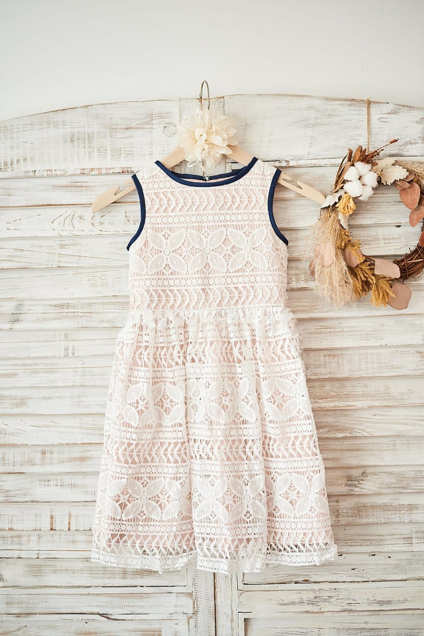 Ivory Lace / Champagne Lining Wedding Flower Girl Dress with Open Keyhole Back Bow