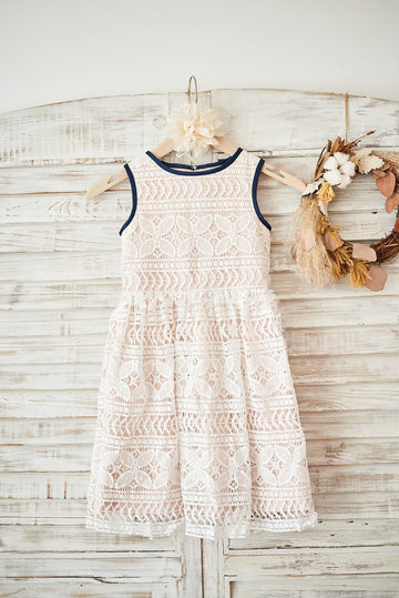 Ivory Lace / Champagne Lining Wedding Flower Girl Dress with Open Keyhole Back Bow