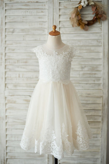 Ivory Lace Champagne tulle Cap Sleeves Wedding Flower Girl Dress with Beading