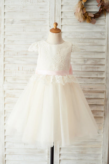 Ivory Lace Champagne Tulle Cap Sleeves Wedding Flower Girl Dress with Open Back / Bow