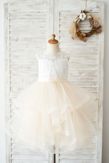 Girls Ivory Lace Champagne Tulle Short Knee Length Flower Girl's Dress Party Dress Communion Dress