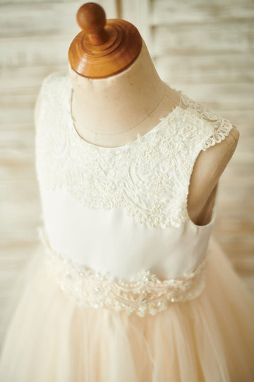 Ivory Lace Champagne Tulle Wedding Flower Girl Dress