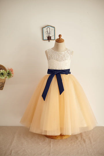Girls Ivory Lace Champagne Tulle Flower Girl's Dress Party Dress Communion Dress with Belt