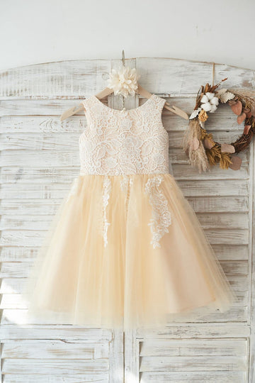 Ivory Lace Champagne Tulle Wedding Flower Girl Dress with Big Bow