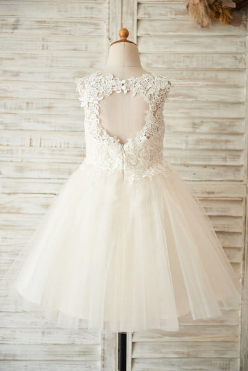 Ivory Lace Champagne Tulle Wedding Flower Girl Dress with Keyhole Back