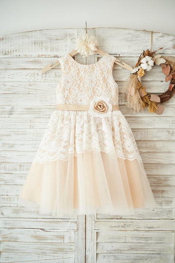 Ivory Lace Champagne Tulle Wedding Flower Girl Dress with Sash