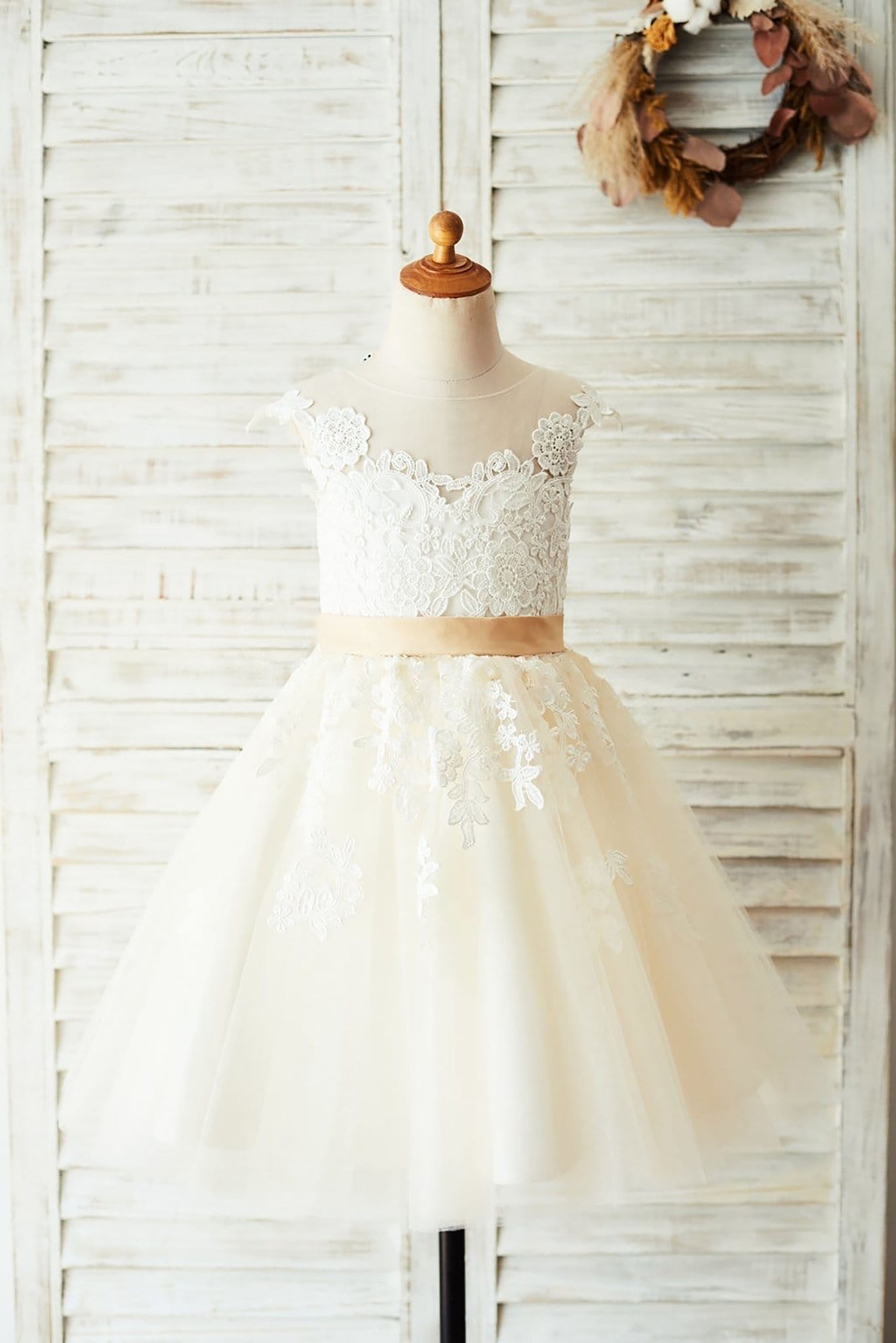 Ivory Lace Champagne Tulle Wedding Party Flower Girl Dress with V Back